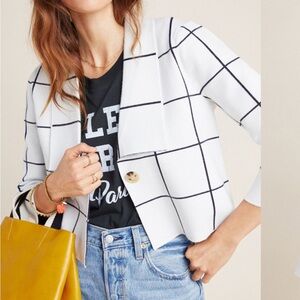 Anthropologie White Black Window Pane Grid Print Crop Sweater Cardigan Blazer S